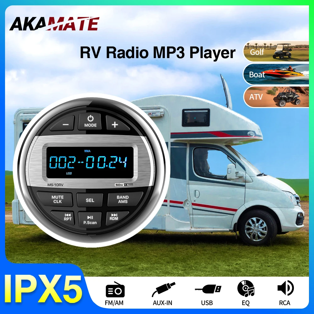 1Din For RV Car Radio Bluetooth EQ Waterproof Marine Radio FM AM Digital Media Player for ATV UTV Trolley Boat Motorcycle