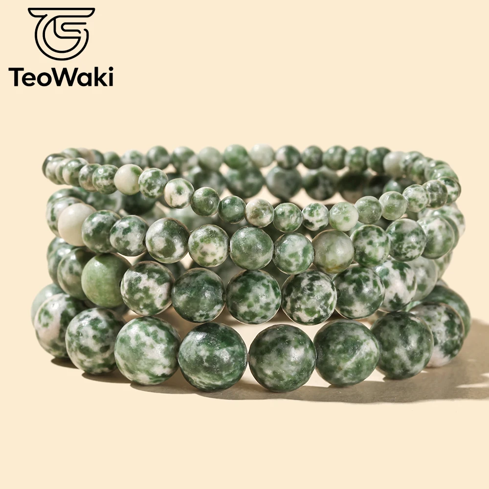 TeoWaki Natural Green spot stone Beaded Elastic Bracelet Relieve Pressure and Negative Emotions for Women and Men 4/6/8/10mm