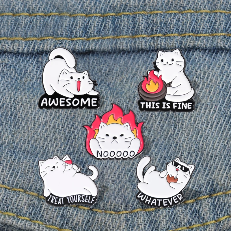 Cute White Cat Enamel Pins Custom THIS IS FINE TREAT YOURSELF Brooches Lapel Badges Animal Jewelry Gift for Friends