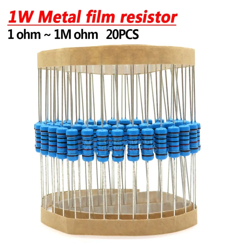 20pcs 1W Metal film resistor 1% 1R ~ 1M 1 2 10 22 47 100 330 ohm 1K 4.7K 10K 22K 47K 100K 330K 470K 2R 10R 22R 47R 100R 330R