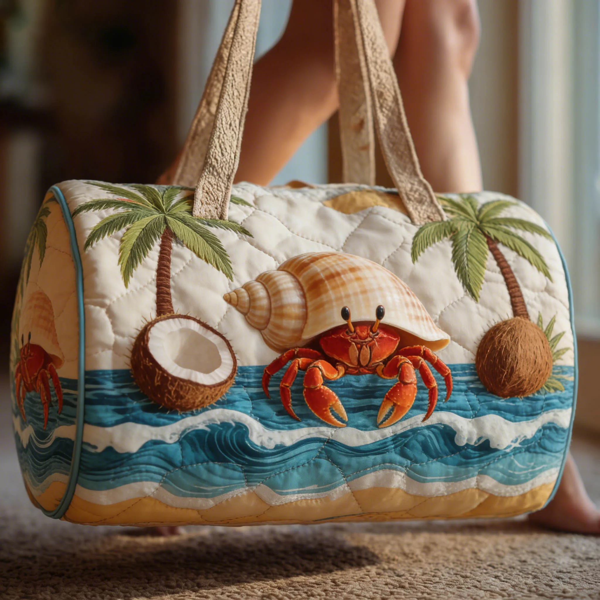 

Summer Beach Coconut Tree Hermit Crab Quilted Duffle Bag Women Men Vacation Travel Tote Lightweight Swimming Weekend Luggage Bag