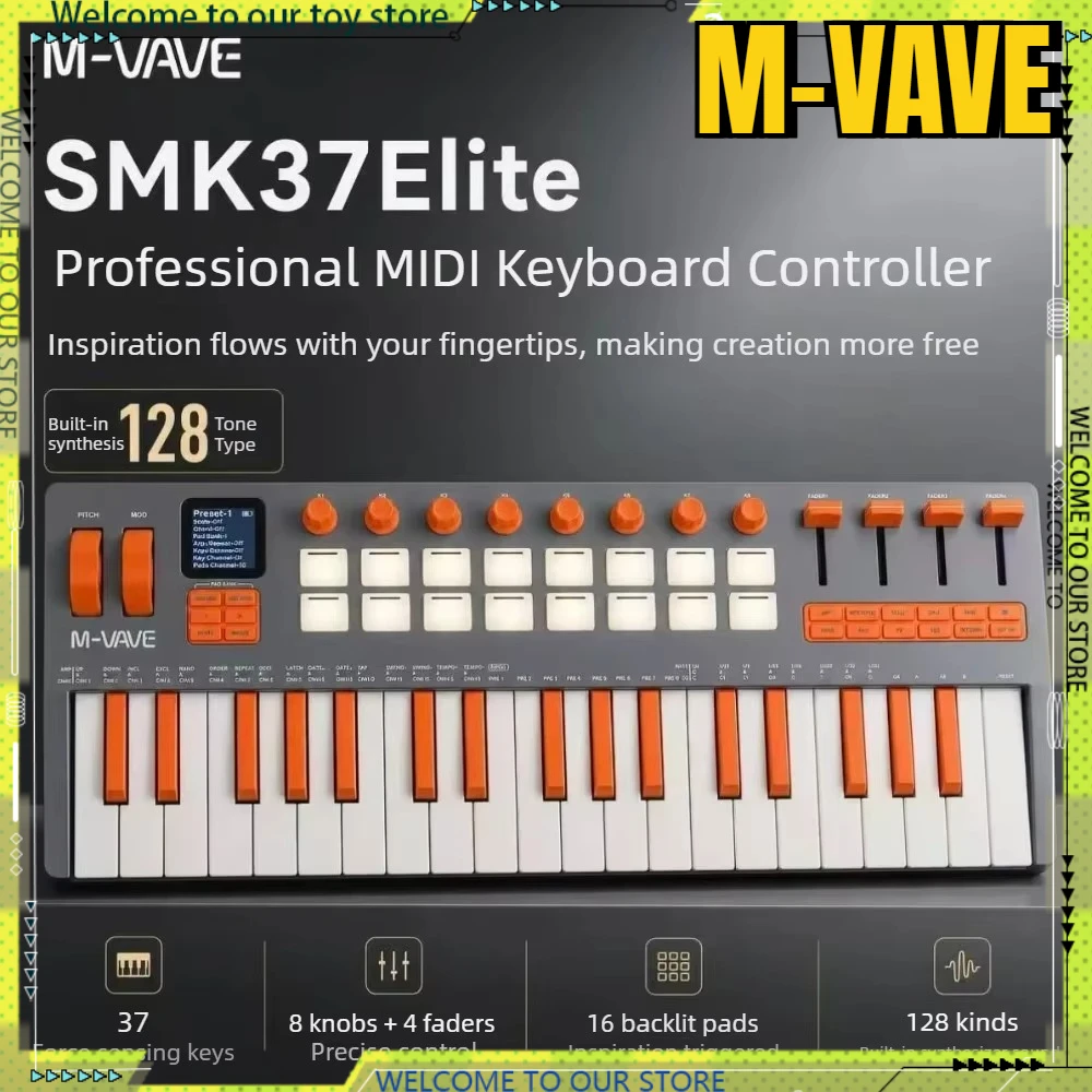 M-VAVE SMK-37 Elite MIDI Keyboard with Weighted Keys 16 Pad,8 Encoders,Battery Powered,DAW&IOS Compatible for Music Composition