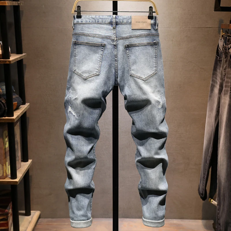 

fashion new jeans,Y2K painted, washed, nostalgic, stretchy, slim fit, retro, light blue jeans, high street hip-hop, Italian pan