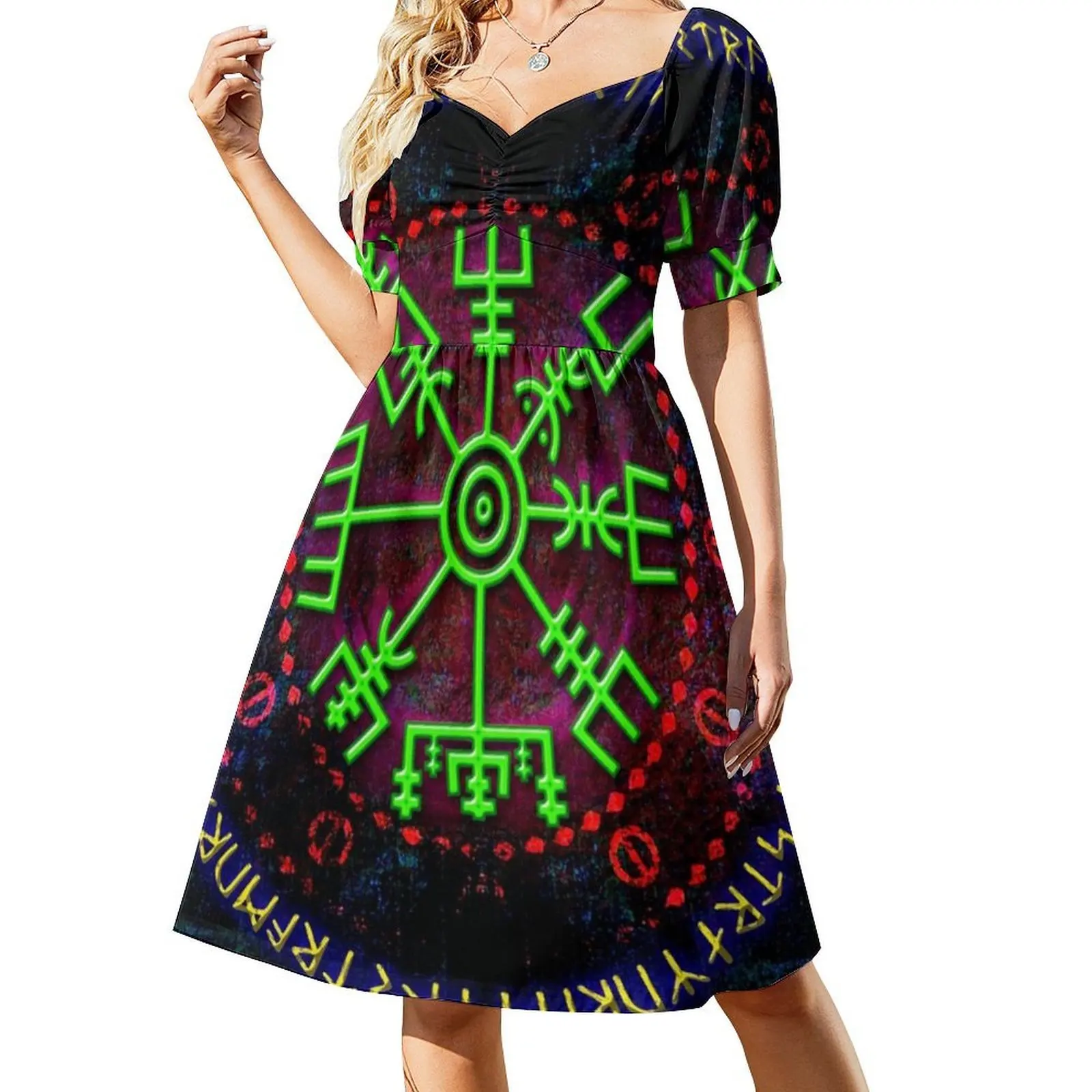 Vegvisir 07 B فستان حفلات نسائي ملابس الشارع الشهير ملابس نادي مطبوعة عصرية للإناث Vegvisir Rune رمز سحري باقان أنثى