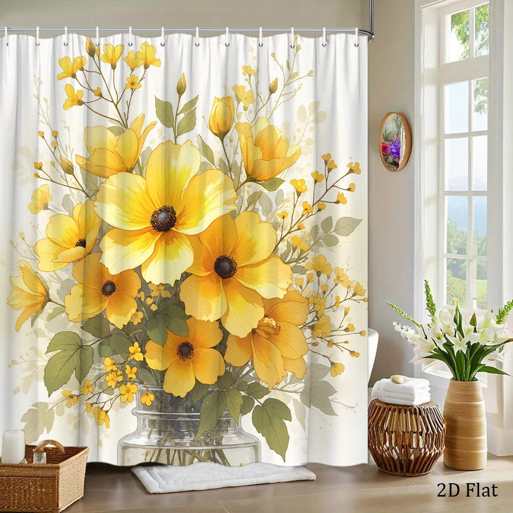 Elegant Yellow Floral Shower Curtain with Buds - Realistic Gray Background Design, Polyester, Includes 12 Hooks, 70.8x70.8 Inche