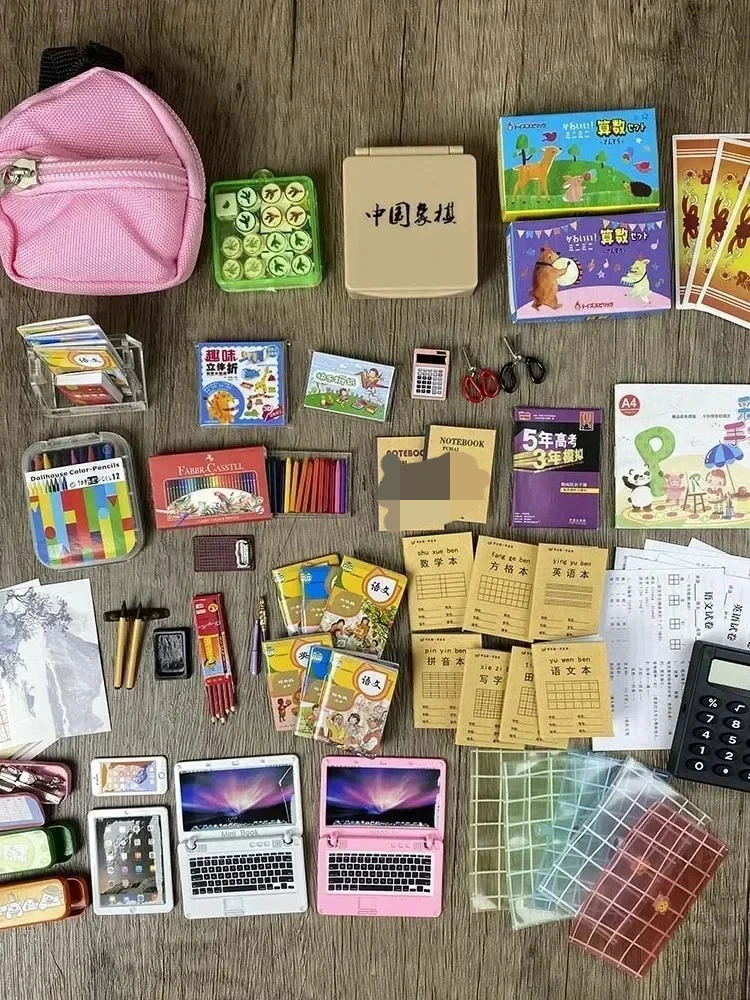 Dollhouse Mini Cartoon Picture Book Stickers Color Schoolbag Cartoon Notebook Pencil Award Calendar Computer Miniatures Clay Set