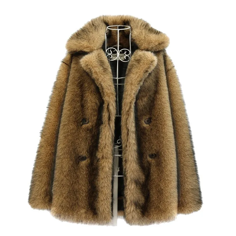 Men Faux Fur Coats Full Sleeve Coat Thick Warm Turn Down Collar Streetwear Work Overcoat Open Stitch Outerwear Autumn Winter