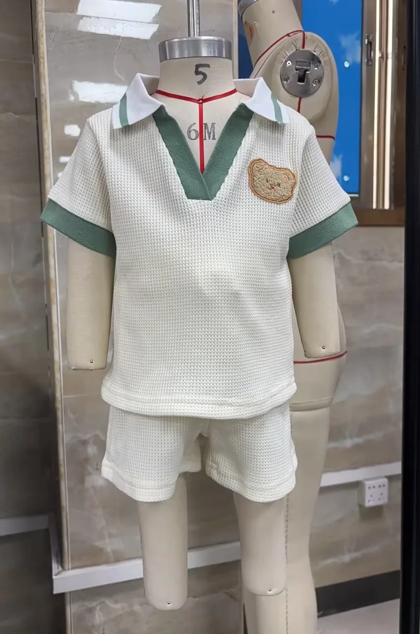 

Toddler Boys 2Pcs Outfits Short Sleeve Lapel V Neck Contrast Color Waffle Knit Tops Shorts Clothes Set
