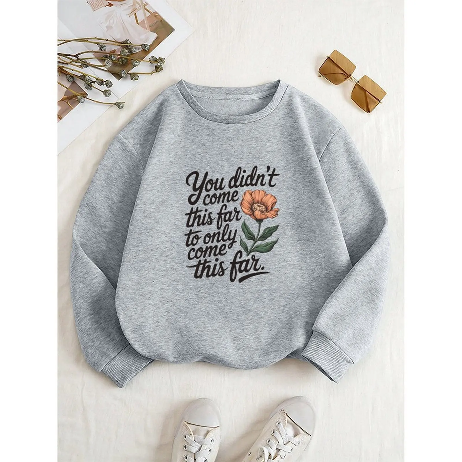 

Women Round Neck Long-sleeve Velvet Winter Casual Positive Words Floral Print Sweatshirt Fashion Autumn Woman Clothes 2025