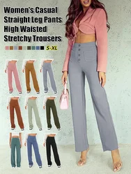 Women's Casual High Waist Stretch Pants Fashion Straight Leg Pants with Button Pockets Cozy Comfy Lounge Pants