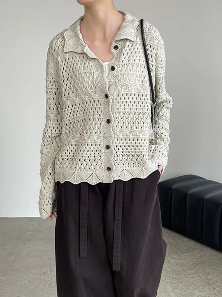 WHTREND 여성용 한국 스타일 웨이브 레이스 중공 니트 카디건 싱글 브레스트 스웨터 코트 WH1389