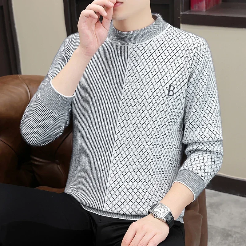 Autumn Winter Jacquard Men Half Turtleneck Sweater Long Sleeve Slim Fit Casual Knitted Pullover Business Social Knitwear Tops