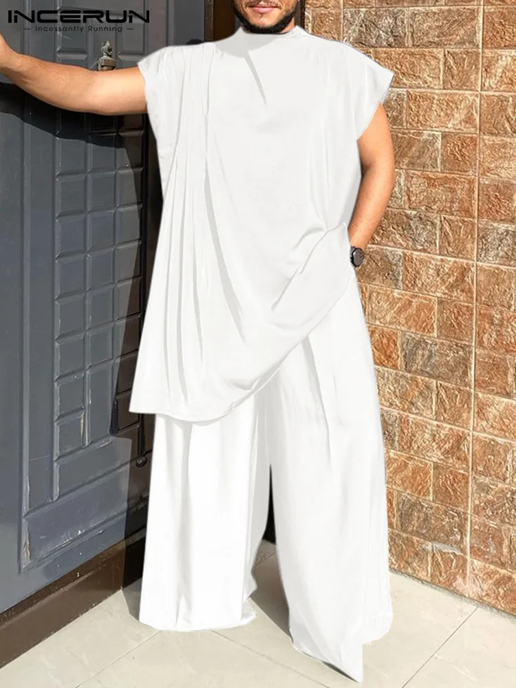 Incerun Mannen Sets Moslim Kleding 2023 O-hals Korte Mouw T-shirt & Wijde Pijpen Broek Twee Stukken Solid Baggy Mannen casual Suits 7
