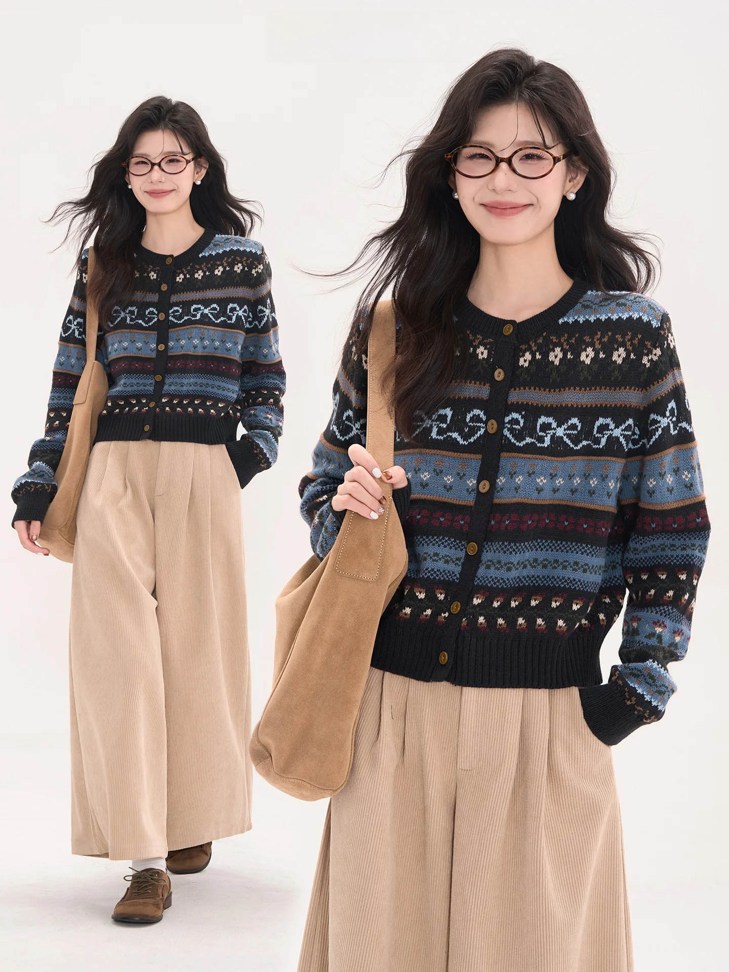 

Вязаный свитер с цветочным узором, круглый вырез, открытый кардиган, женский, универсальный, теплый, осенне-зимний, модный, повседневный, свободного кроя