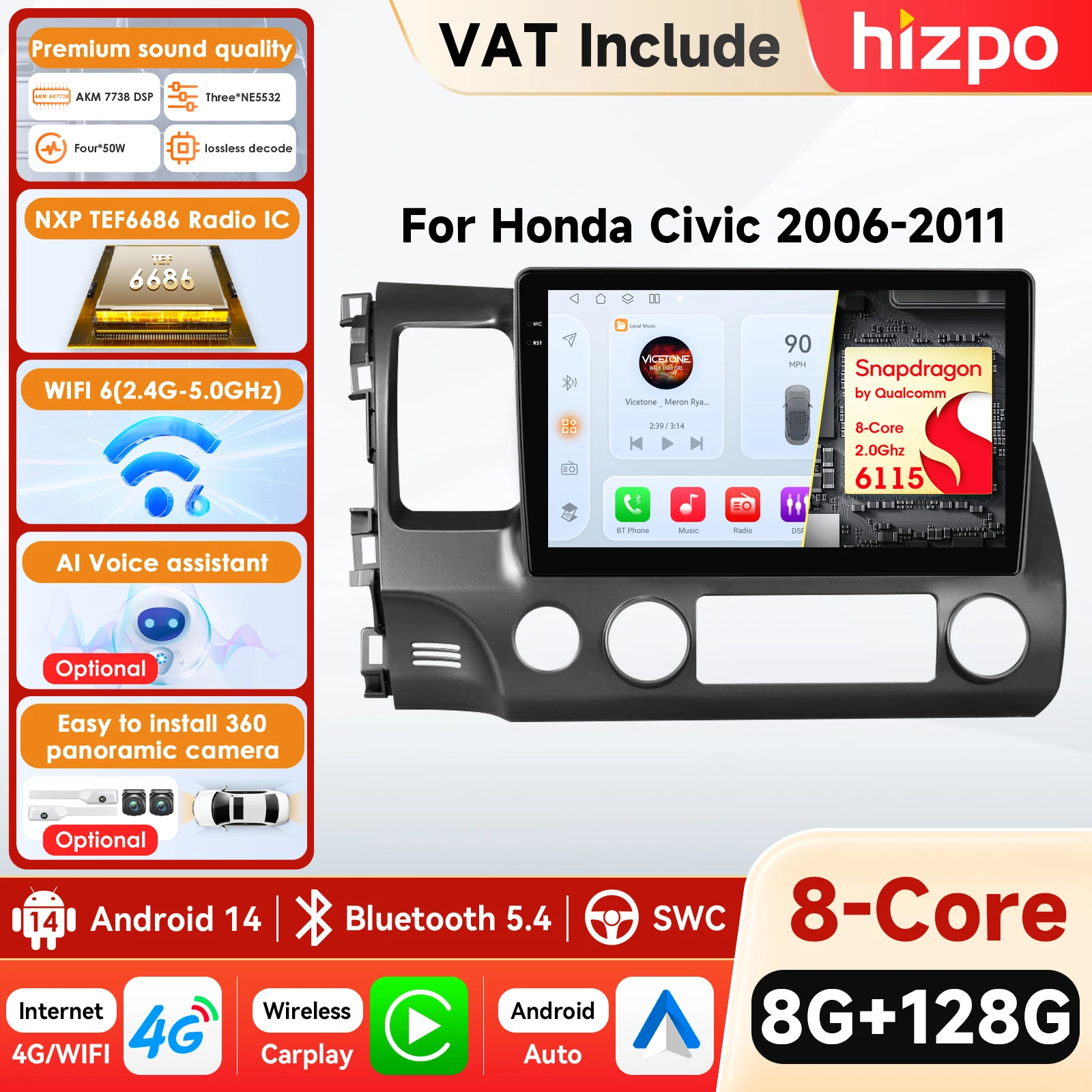 Autoradio 4G Android 14 pour Honda Civic 8 2006 - 2011 Lecteur multimédia vidéo Navigation GPS 2Din WiFi Audio BT