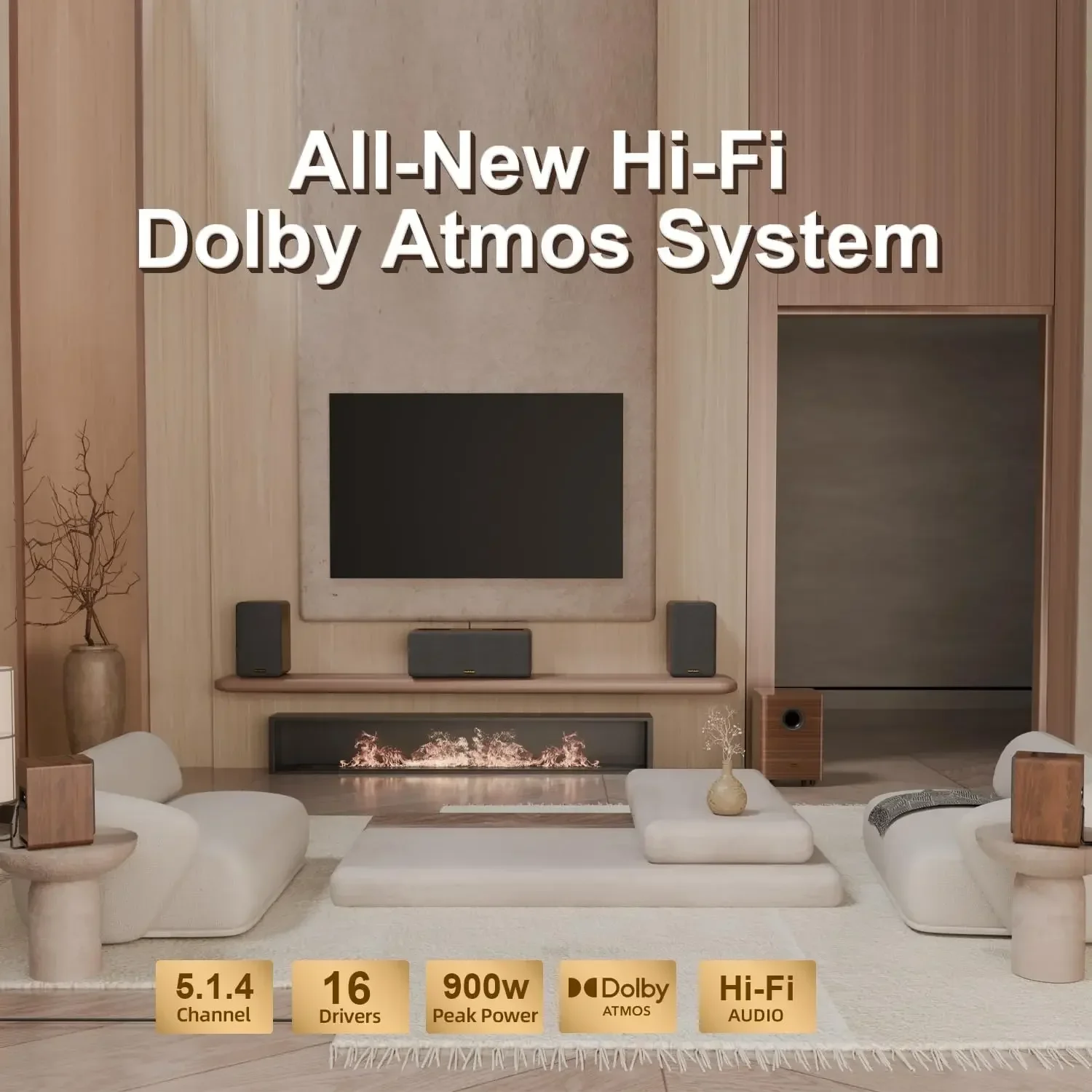 True 5.1.4 Hi-Fi Surround Sound System with Dolby Atmos, 900W Home Theater Sound Bar for Smart TV, Center Channel Speaker with 4