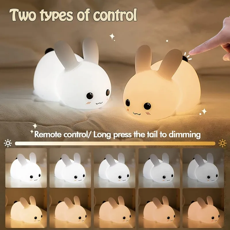 Coelho Controle Remoto LED Night Light para Crianças, Regulável RGB, Recarregável, Silicone Bunny Lamp, Baby Toy, Sensor de Toque, Presente