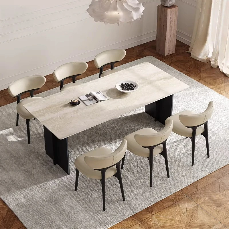 

Retro wind travertine rock slab dining table solid wood rectangular restaurant simple medium and ancient style dining table
