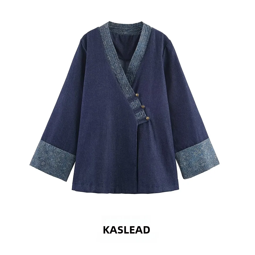 

KASLEAD New Women's Loose Long Sve V-Ne Color Blo Jaet Street Sle Autumn Faion Outerwear Polyester Fiber