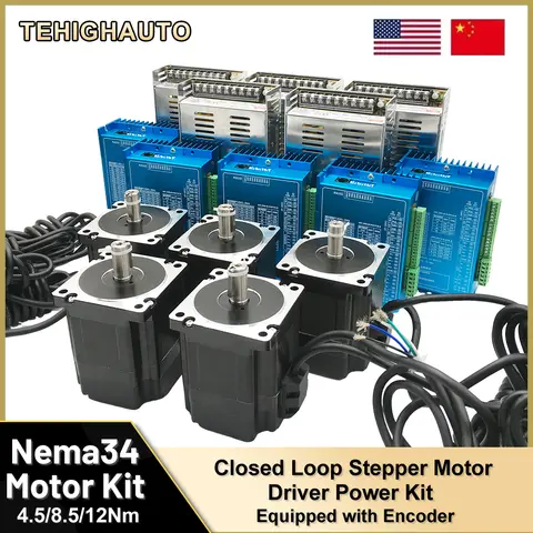 Closed Loop Stepper Motor Driver Kit 2PH 4.5/8.5/12Nm 6A Nema34 86mm Motor 400W Power Supply with Encoder Easy Step Servo Kit