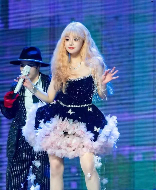 Women Group Performance Outfit Sparkling Black Sequin Pink Floral Fluffy Dress Singer DJ Bar Stage Party Prom Birthday Club Wear - view 3