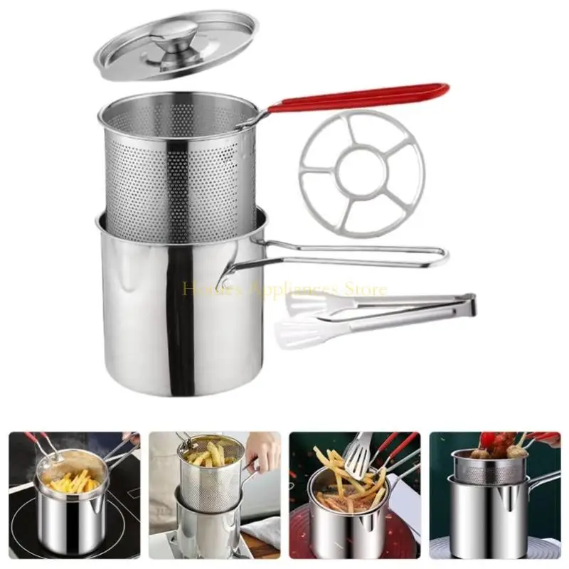 D0AB สแตนเลสสตีลขนาดเล็กกระทะความจุ 1.2L พร้อมตัวกรองแม้กระทั่งการกระจายความร้อนหม้อทอดด้วยตะกร้ากรอง