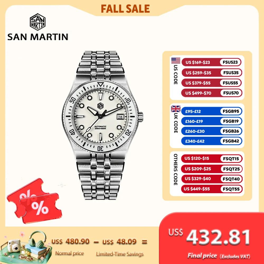 San Martin New 40mm Miyota 9015 Black Men Sports Diver Mechanical Wristwatch BGW-1 Integrated Bracelet Waterproof 200m SN0148GB