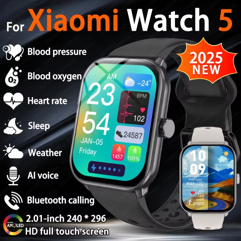 

Новая серия 5 Watch5 Мужские умные часы Артериальное давление Кислород в крови Сердечный ритм AI Голос Bluetooth Вызов Женские умные часы для Xiaomi