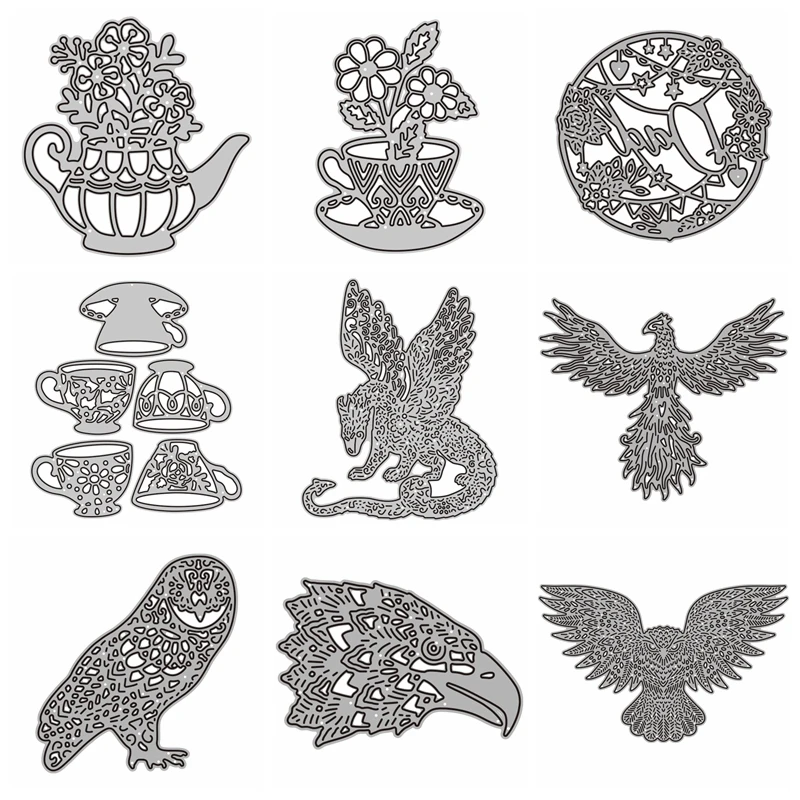 Animal Dies Eagle Phoenix Ow Metal Cutting Dies Kettle Flowers Cups 2022 New for DIY Scrapbooking Card Making Craft Decor