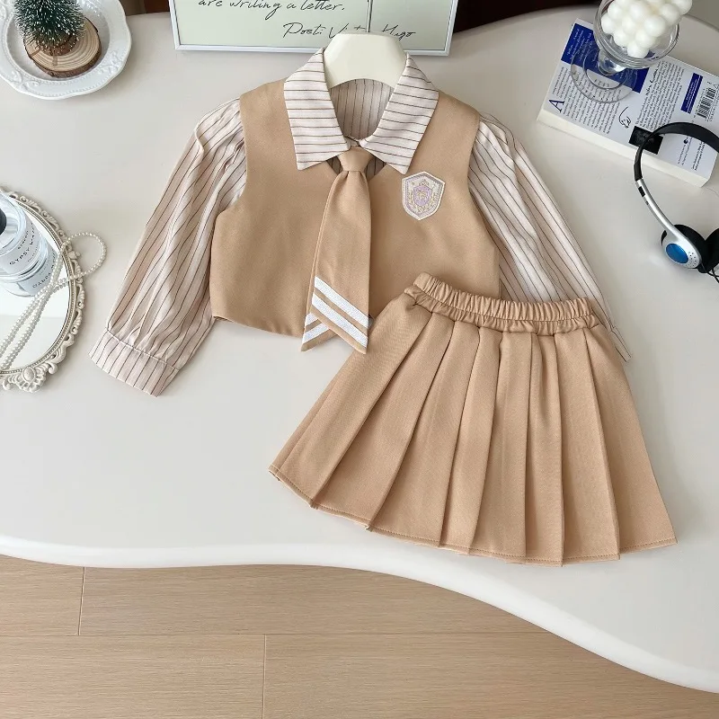 

Girls Clothes Set Autumn Spring Shirt+Vest+Pleated Skirt College Style Kids Clothing Suits Children Casual Clothes 3Pcs 2-7Yrs