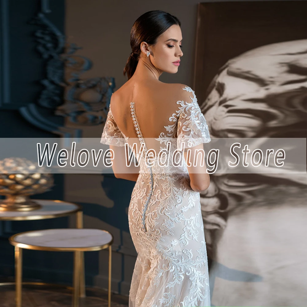 Mermaid Wedding Dresses Bohemian Delicate Applique Sheer Neck Short Sleeve Elegant Formal Bridal Gown Sweep Train Customizable