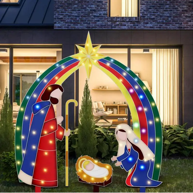 Outdoor Nativity Scenes for Yard  Metal 2D Outdoor Christmas Nativity Set Christmas Holy Family with Lights for Camping Beach