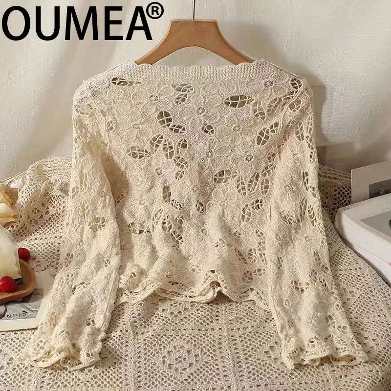 OUMEA Women Crochet Sweater Cardigans Knitting Floral V Neck Beach Cotton Cover Ups Boho Solid Color Long Sleeve Tops