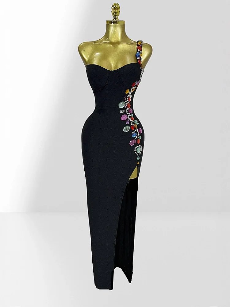 

New Arrival Women Dress Colorful Diamond One Shoulder Bodycon Hip Wrap Black Dress Elegant Temperament Party Bandage Dress