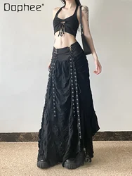 Gothic Long Skirt Bandage Lace Mesh Patchwork High Waist A Line Drawstring Split Black Skirt Irregular Aesthetic Female Fashion