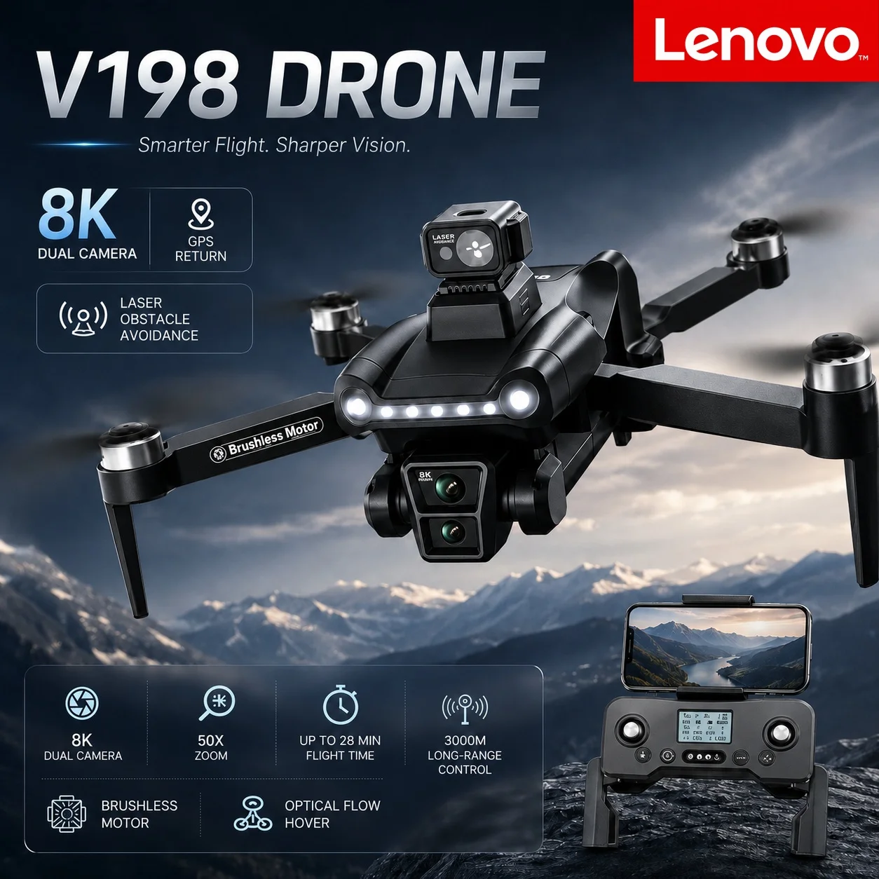 Drone GPS Lenovo V198 8K 4K Professionnel FPV avec Moteur Brushless, Évitement d'Obstacles par Laser, Flux Optique, Quadricoptère Pliable