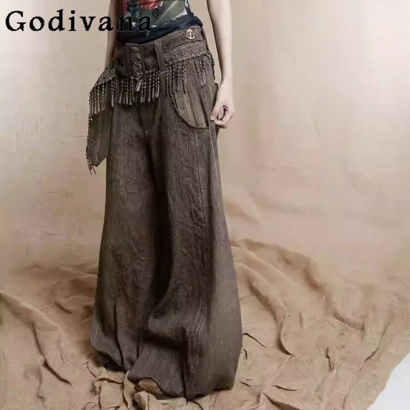 

Spring Summer Retro Wasteland Style Lace Tassel Belt Linen Loose Wide-leg Lantern Trousers Personality Girl Fashion Street Pants