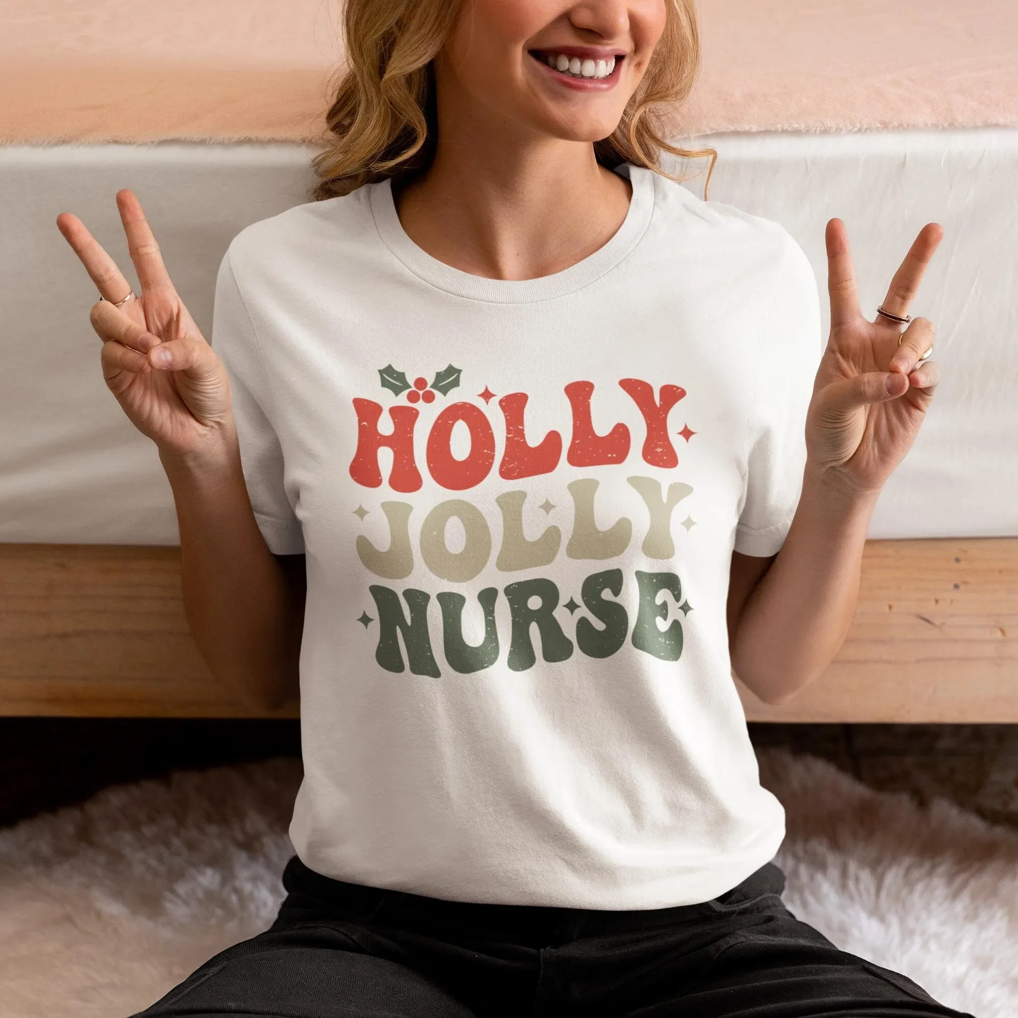 Holly Jolly Nurse Christmas T Shirt Holiday for ER Cardiovascular ICU Med Surg Pediatric RN Nursing Student Graduation