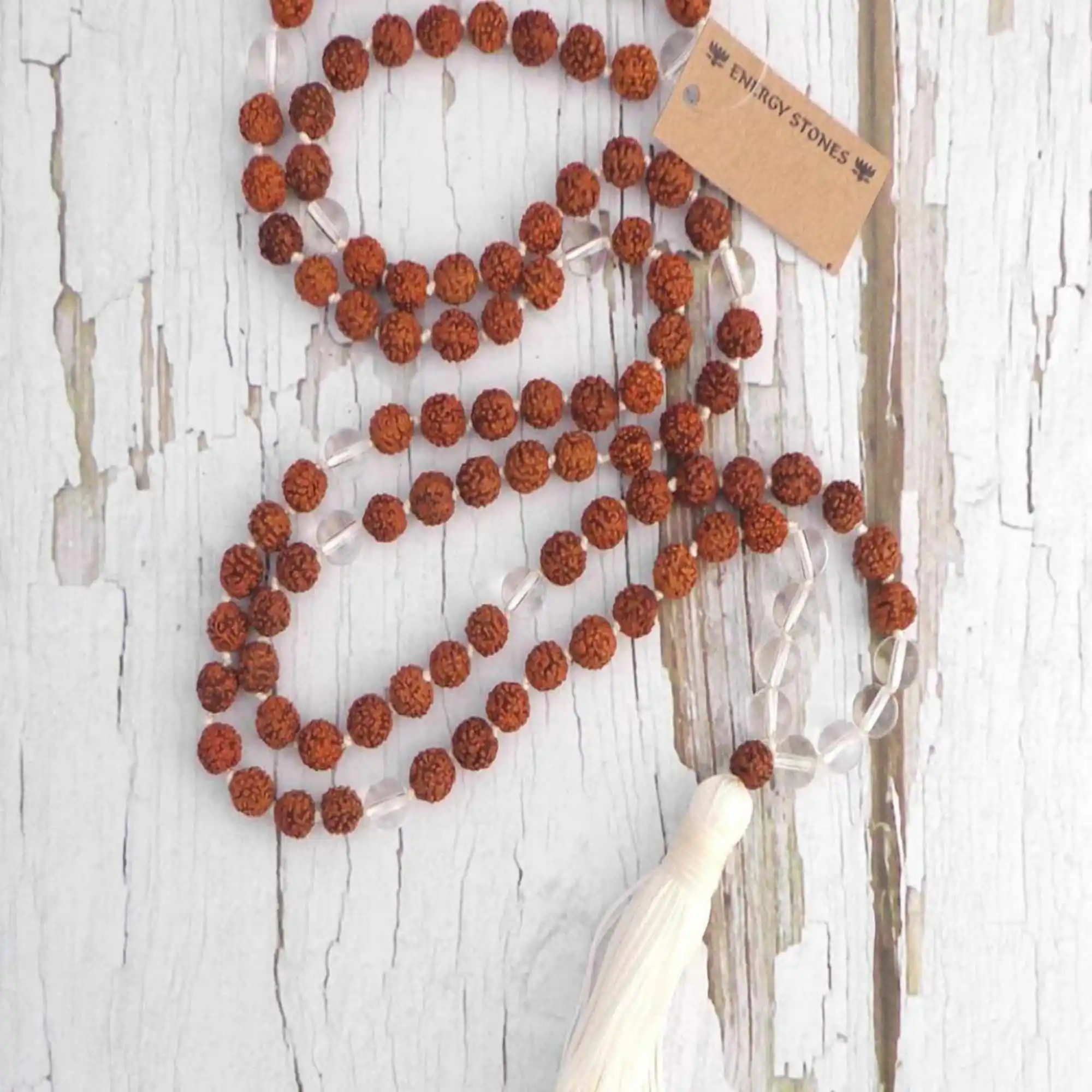 

Natural 8mm brown Rudraksha Clear Quartz beads 108 knot Necklace Bless Seven Chakras Calming Restore Classic Mala Prayer