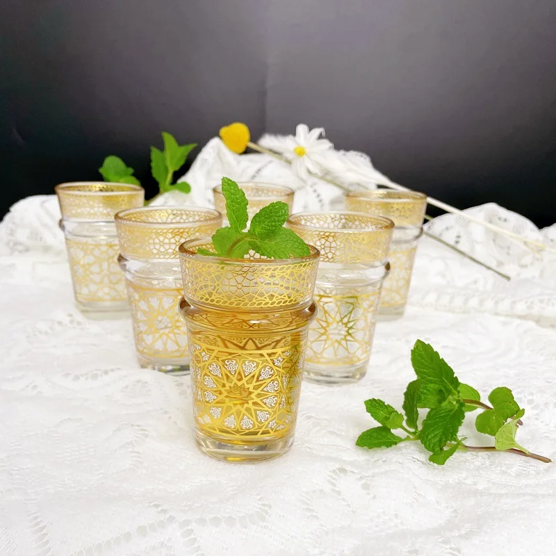 6pcs Golden Hot Stamping Pattern Glass Cup Gift Set Box Middle East Packaging Glassware Drinkware Home Coffee Tea Serving Cups