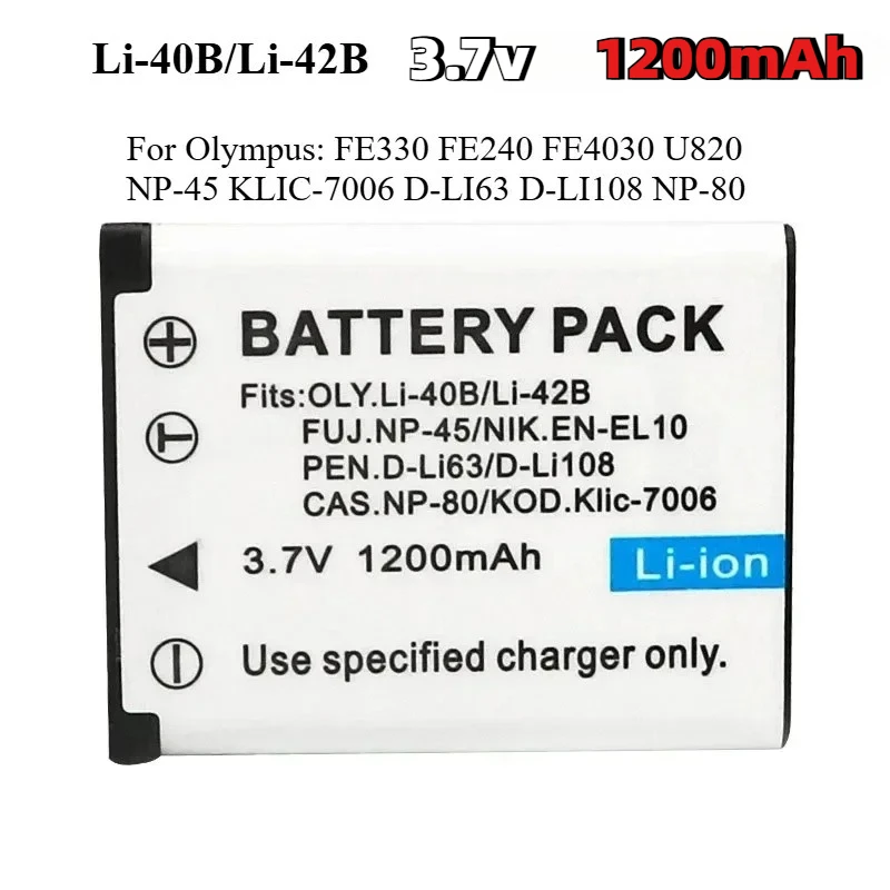 Li-40B Li-42BCamera Battery 1200mAh 3.7V Rechargeable Lithium Battery for NP-45 D-Li63 D-Li108 NP-80 KLIC-7006 /Olympus/Fujifilm