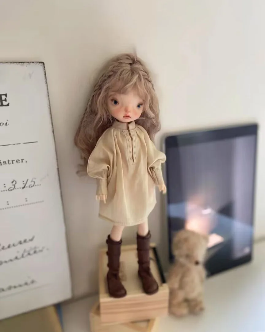 1pcs vintage reto style 2025 Blythe/landoudou Champagne linen one-piece dress (Fit for Lulu,ymy24,Ob22,24,26,zone, Jenny)