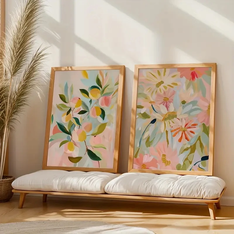 2pcs/Set Soft Pink Peach Blossom Printed Beige Leaf Modern Plant Canvas Poster Canvas Home Decoration Living Room Bedroom Office