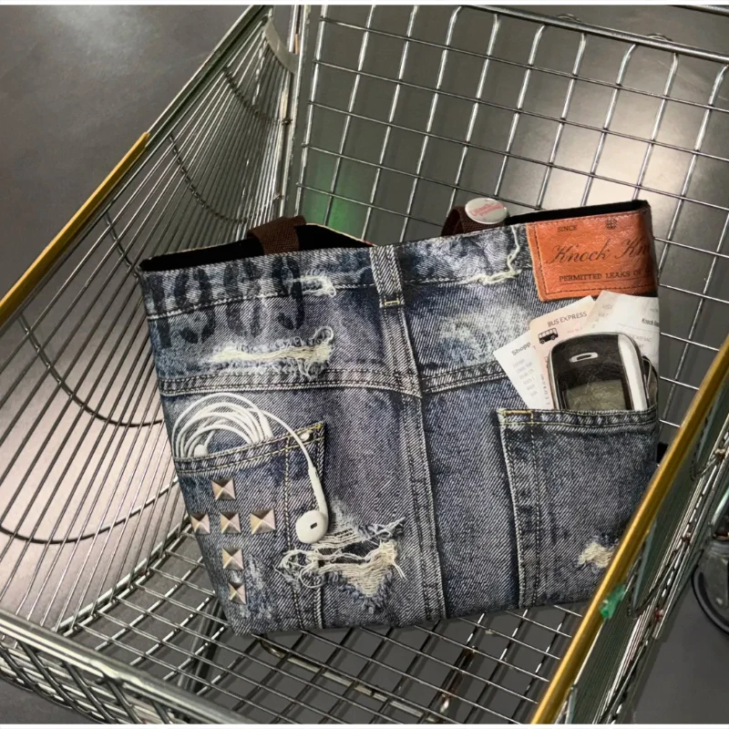 Reversible PVC-Schultertasche mit beidseitigem Druck, Retro-Denim-Print, wasserdichte Einkaufstasche mit großer Kapazität, leichte Einkaufstasche – Detail 20