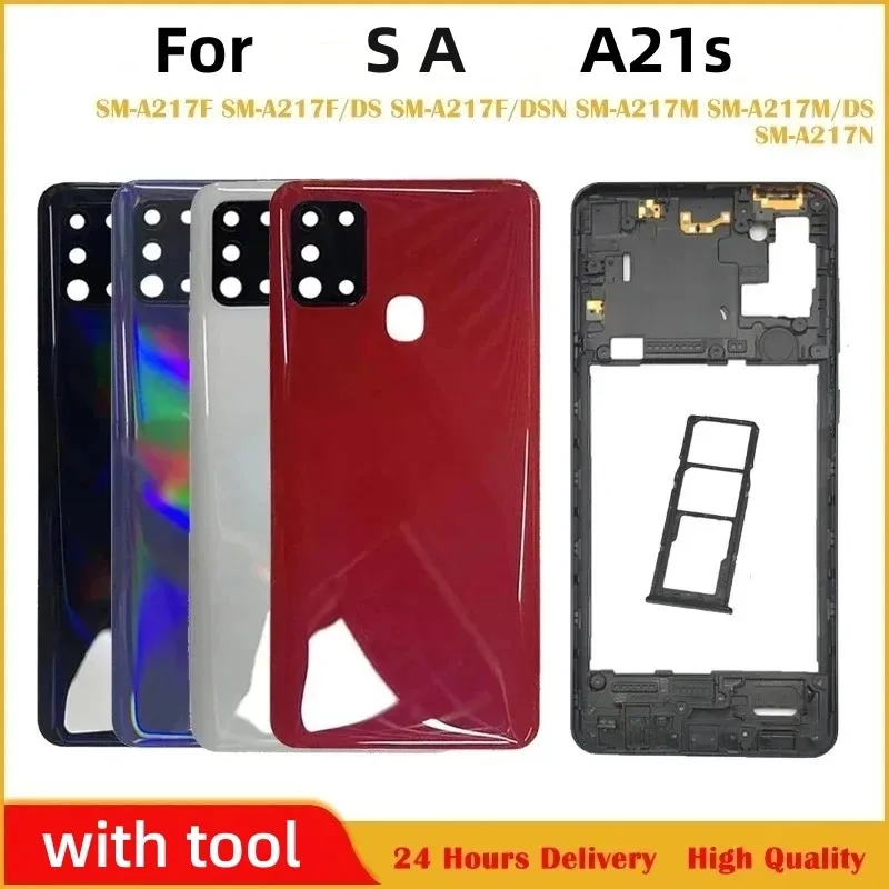 For SA Galaxy A21s A217F A217M A217 Battery Back Cover Rear Door Housing Middle Frame Plastic Camera Lens Adhesive Replace