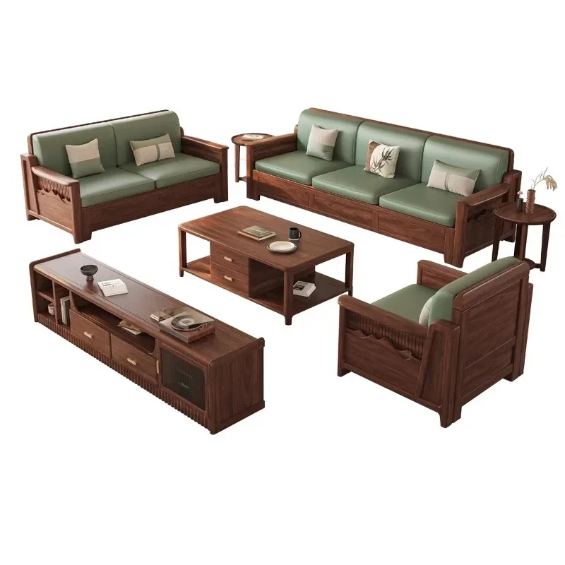 New Chinese style black walnut sofa combining cat scratch leather with wooden sofa, modern and simple living room furniture