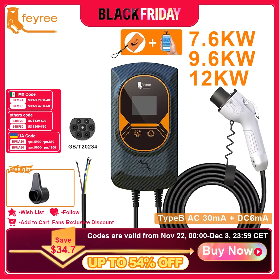 Fey123-Chargeur EV pour Véhicule Électrique, Prise GB/T, EVSE, Wallbox, 32A, 22KW, 3 Phases, 16A, 11KW, Télécommande, Station de Recharge, 7,6 KW, Câble de 5m