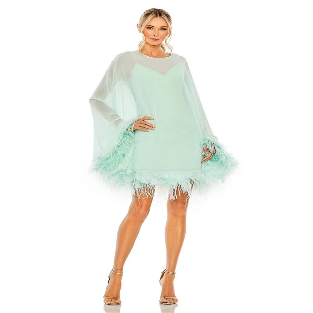 Vestidos de baile elegantes rectos para mujer, cuello redondo, mangas largas por encima de la rodilla, cremallera trasera, gasa de tul, noche, baile de graduación con pluma