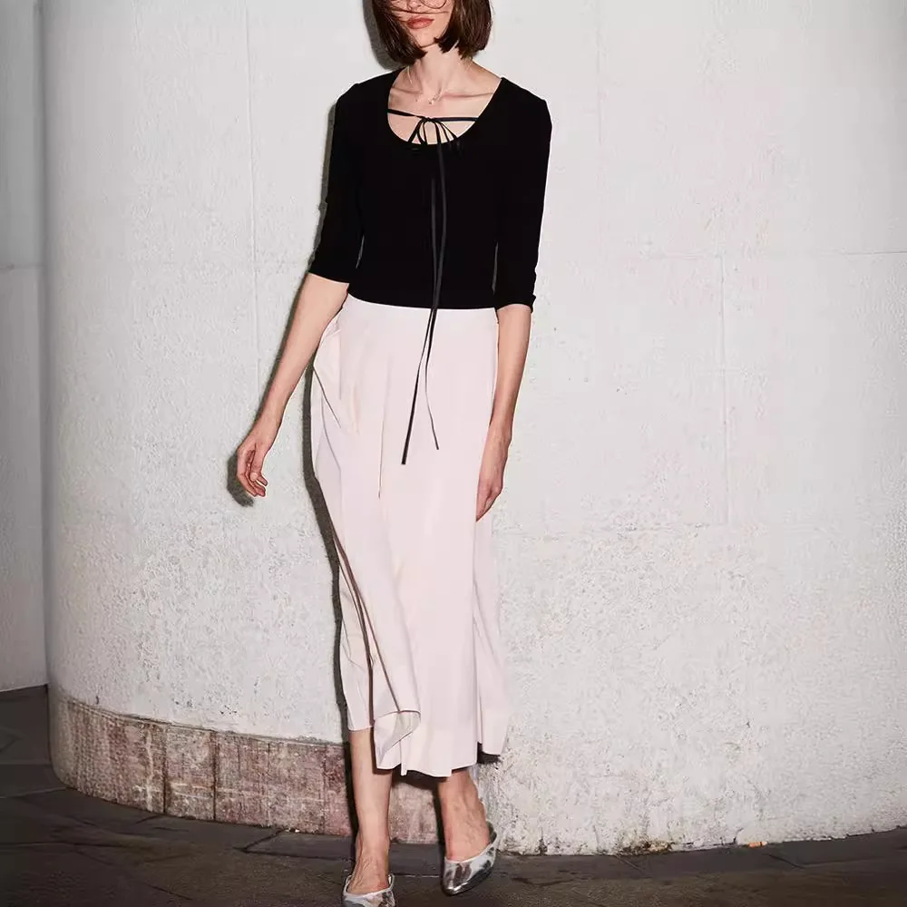 

7606 American Style U-Neck Tie Slim Fit Slimming 8/10 Sleeve High Twist Cotton Stretch Non-Deforming Knitted Top For Women