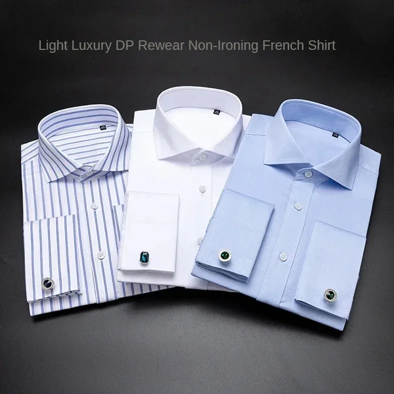 High Quality DP Iron Free France Shirts 2025 Men's Slim Fit Windsor Neck Long Sleeved Cotton Anti Wrinkle Cufflinks White Shirt